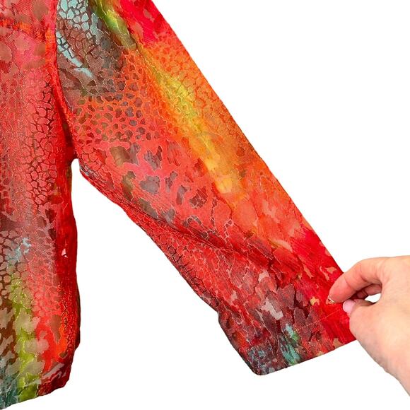 Toni Morgan Bright Giraffe Print Sheer Burn Out 3/4 Sleeve Button Up Blouse LGE - Picture 7 of 10